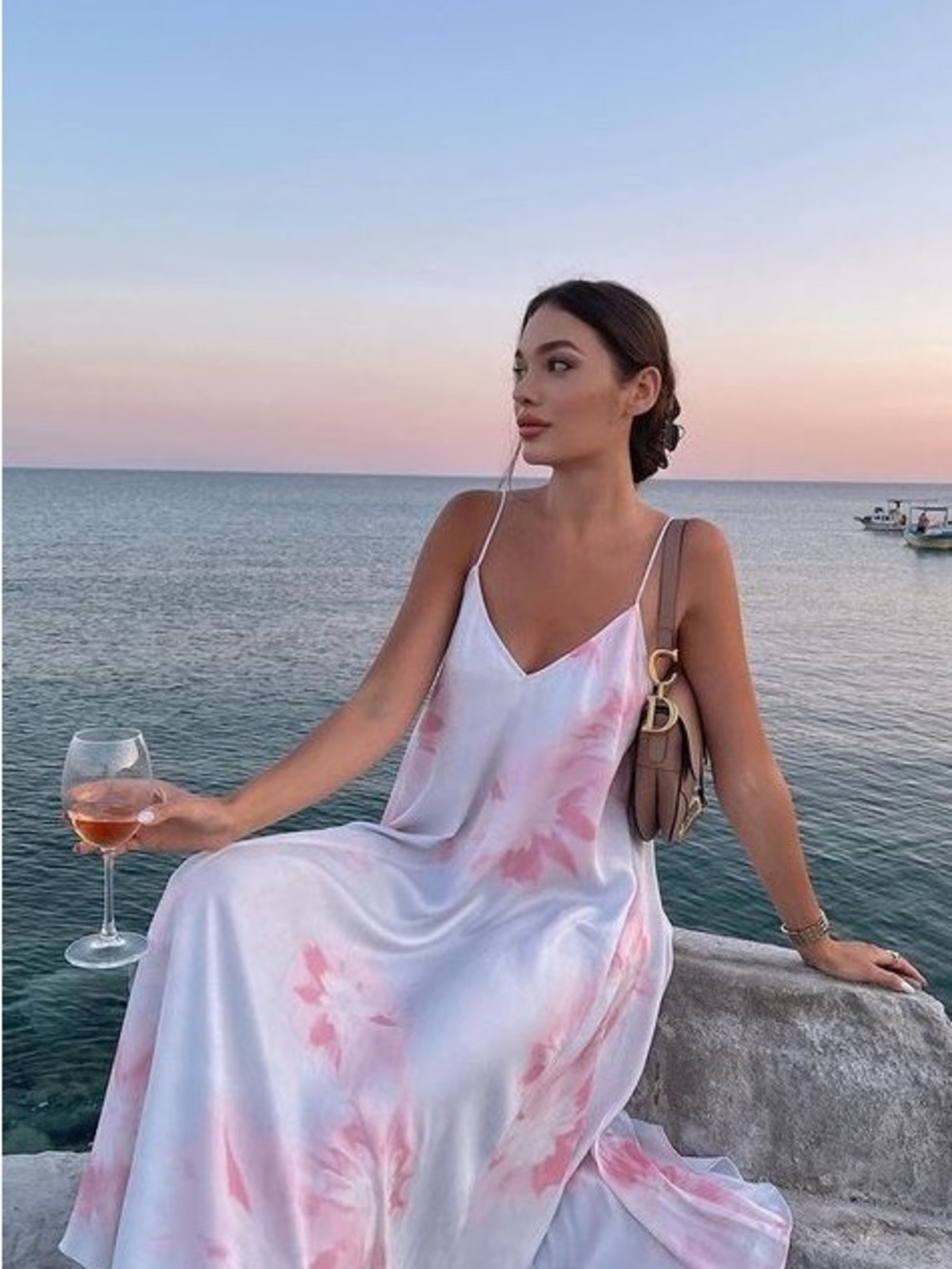 Zara Pink & White Tie-Dye Satin Maxi Slip Dress